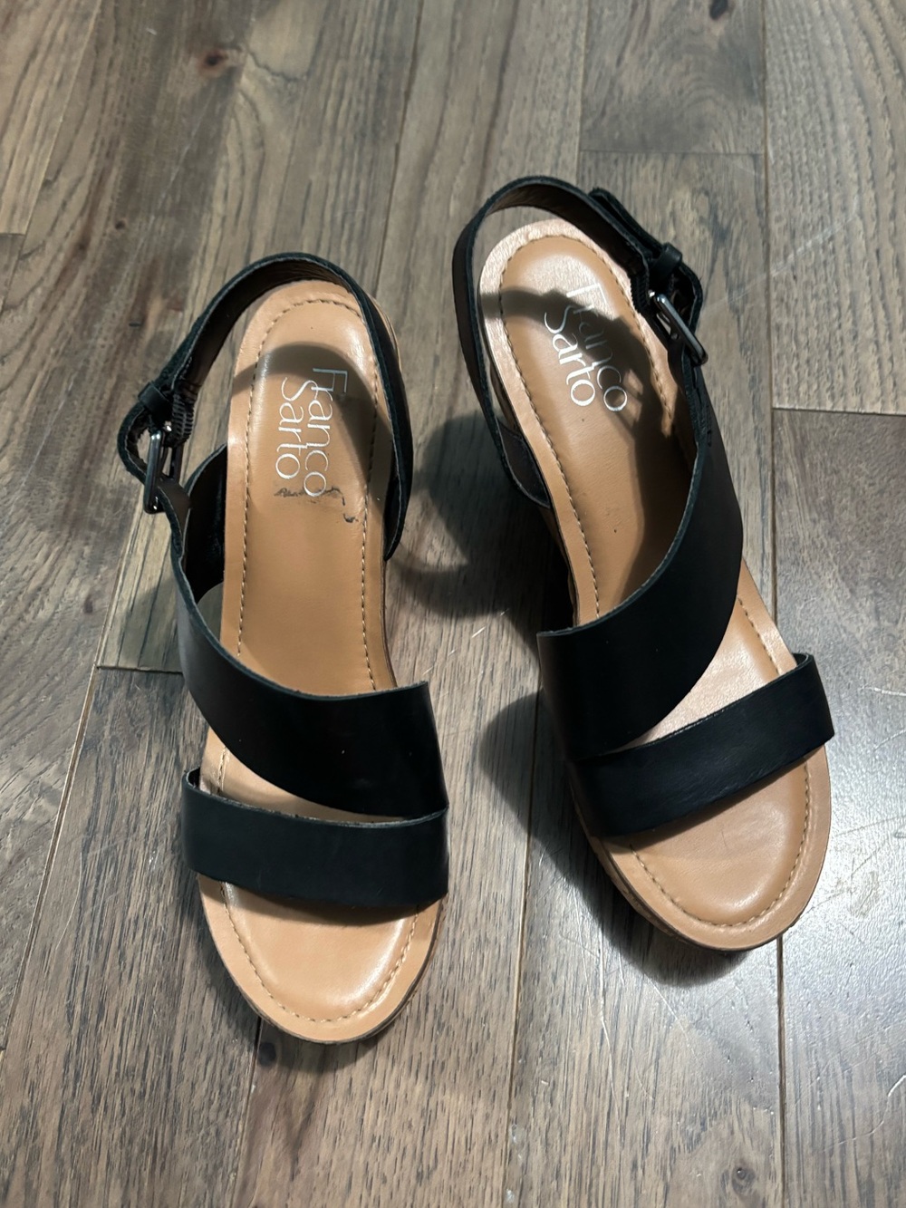 Franco Sarto Black Leather Cork Wedge Sandals Sz:7.5 - Picture 3 of 4